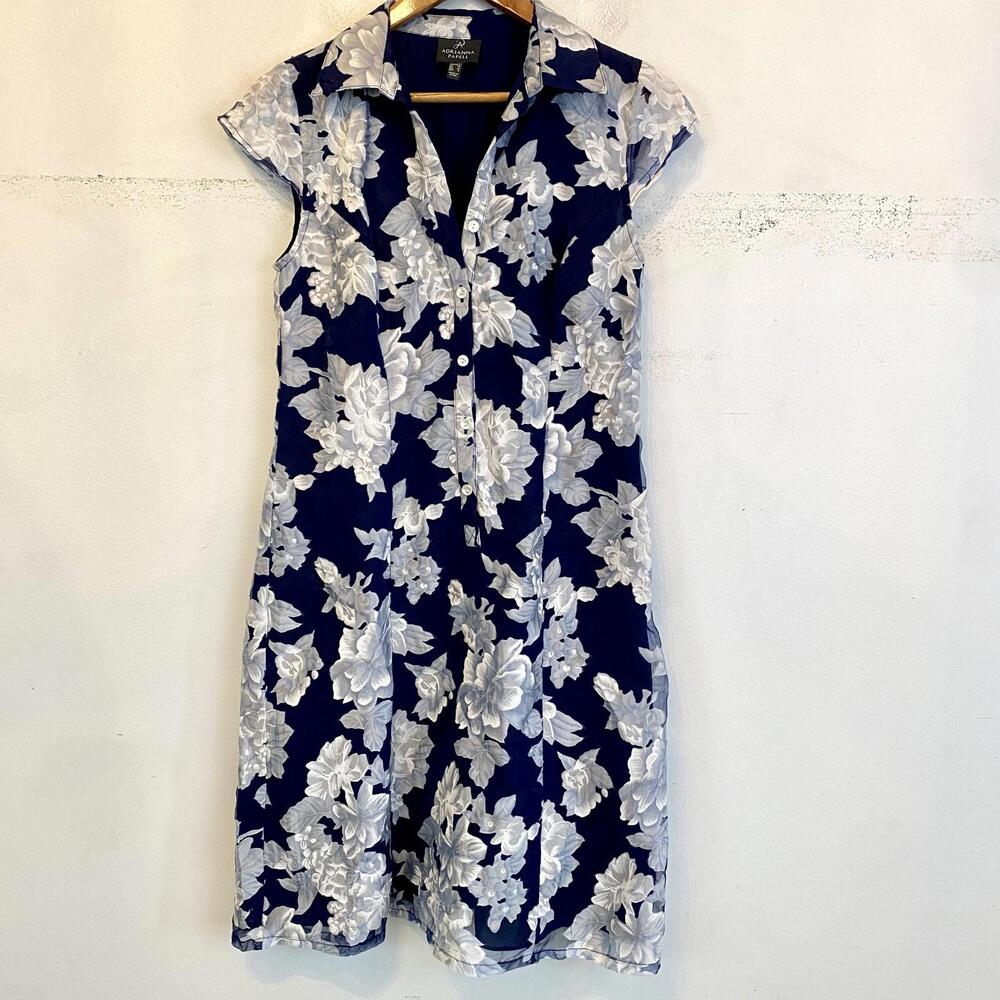 ADRIANNA PAPEL blue and silver floral short sleeve button down mini dress sz 2